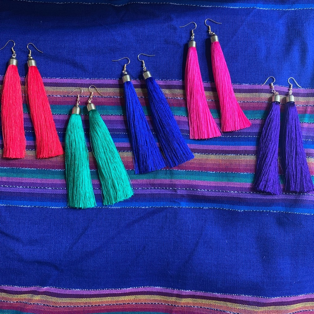 Purple Tassel Drop Earrings - Picture 3 of 7